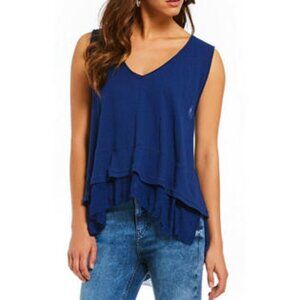Free People Tiered Frayed Hem Sleeveless Casual Summer Tank Top Shirt Navy Blue